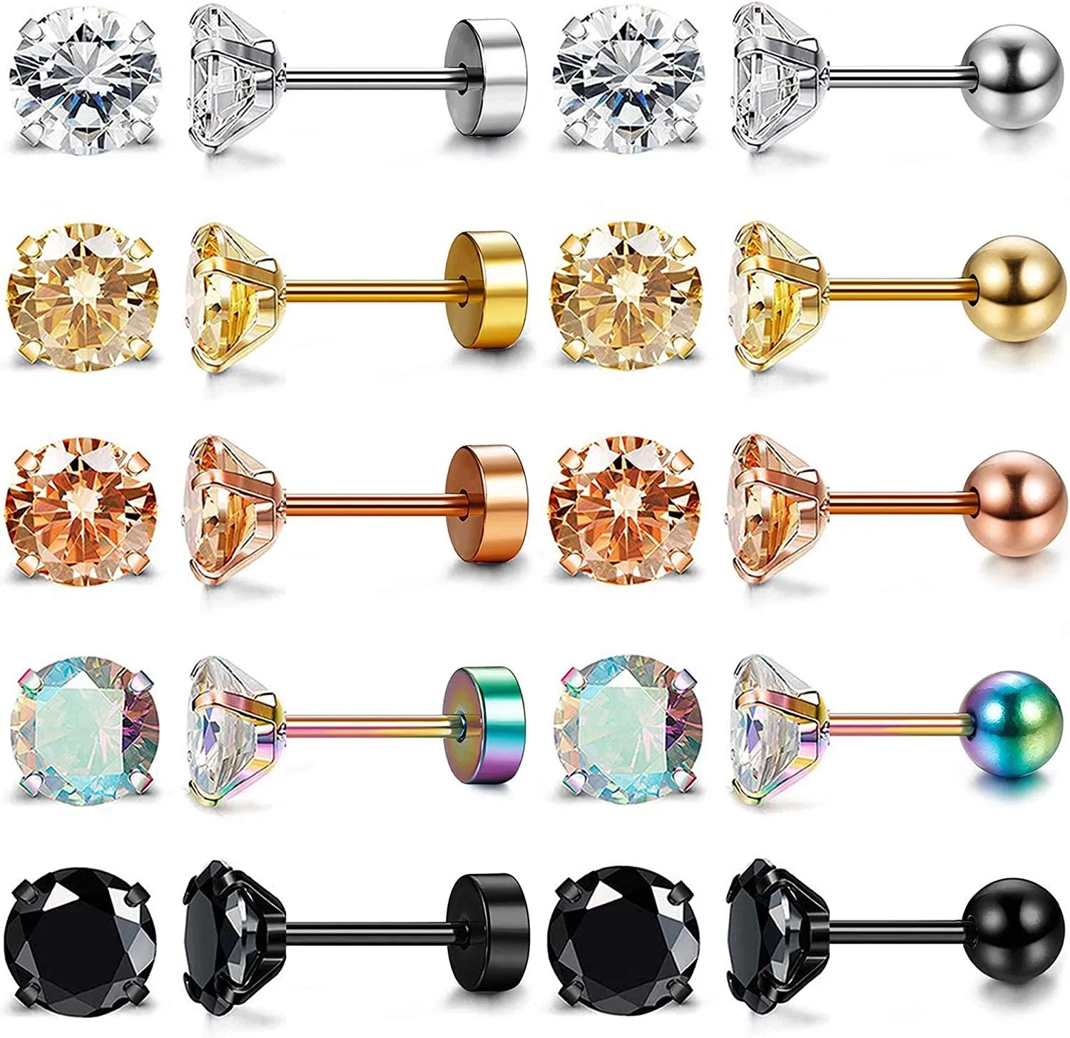 10 Paare 18G Edelstick Ohrringe für Frauen Männer Round Cubic Zirkonia Barbell Flat Screw Back Ohrstick Piercing Set