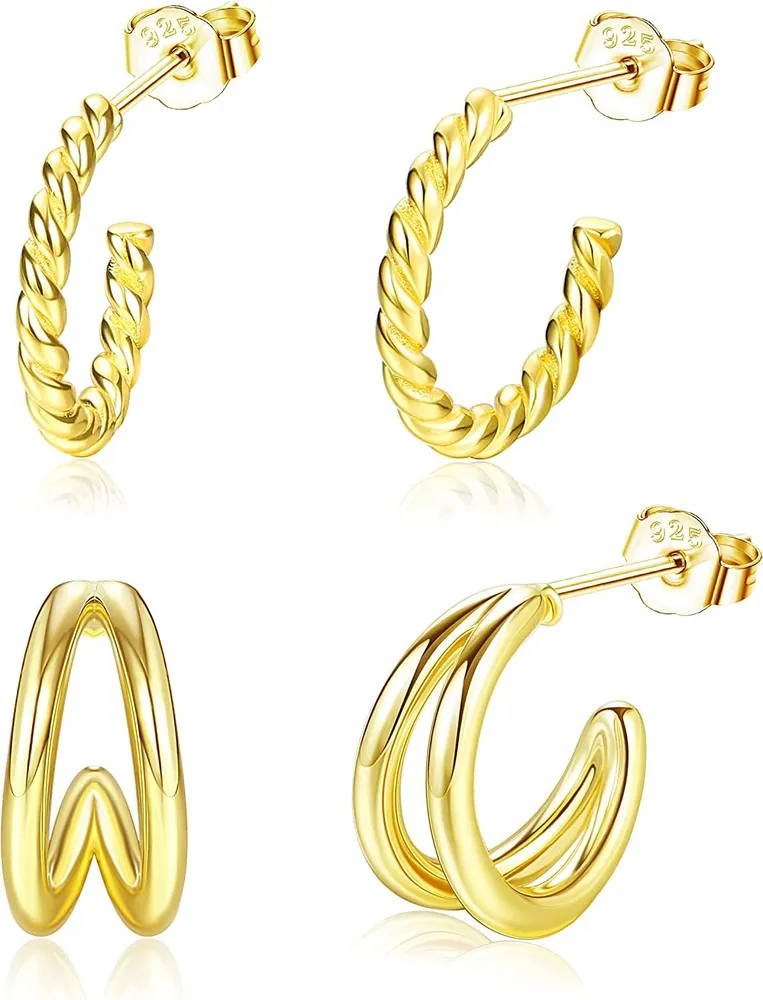 2 Paare Sterling Silber Twisted Hoop Ohrringe 18K Gold / Rose Gold Plated Split Hoop Ohrringe Halb Huggie Hoop Ohrringe für Frauen