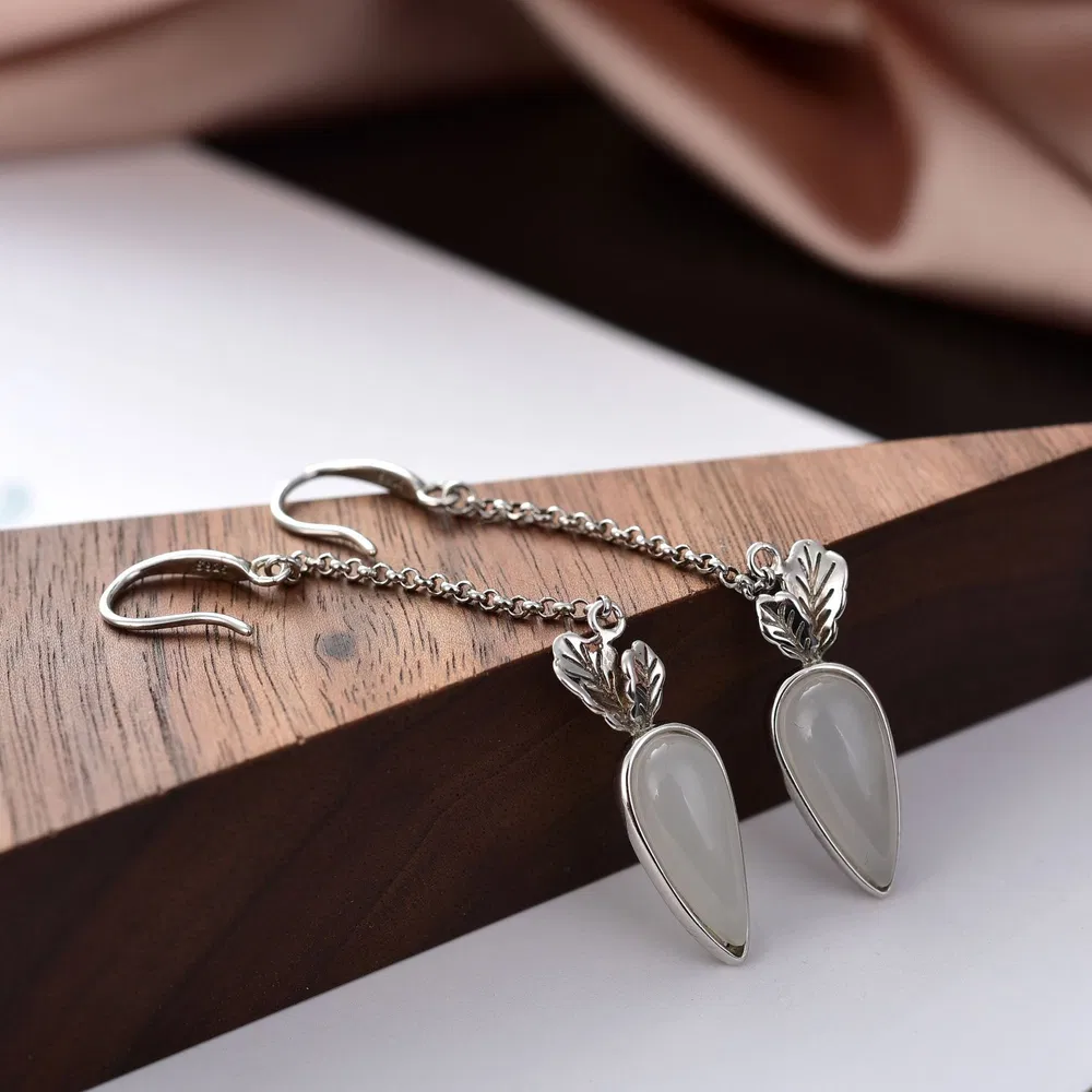 S925 Sterling Silber Natürliche Hetan Weiße Jade Ohrringe Rad Radisch süße Schmuck Ohrringe