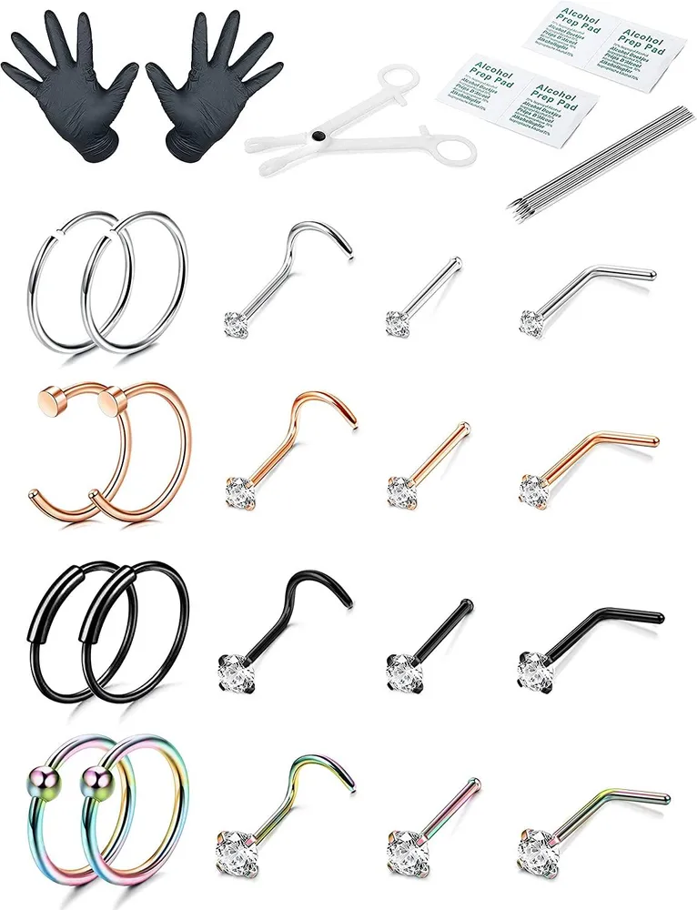 20PCS Nasen-Piercing - Kit Nasenringe für Frauen Männer; Nasenloch-Piercing - Set; Chirurgische Nasenringschleife; L-Form - Schraube BoneNose Stud; Professional Body Piercing Kit
