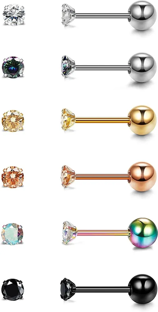6Paare 20G Edelstahl Cubic Zirkonia Tragus Stud Ohrringe für Frauen Männer 4Prong CZ Flat Back Screw Back Ohrringe für Frauen Mädchen Helix Knorpel Ohr Piercing Schmuck