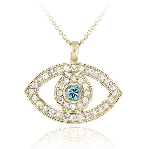 Goldton über Sterling Silber Aqua & Clear CZ Evil Eye Kette