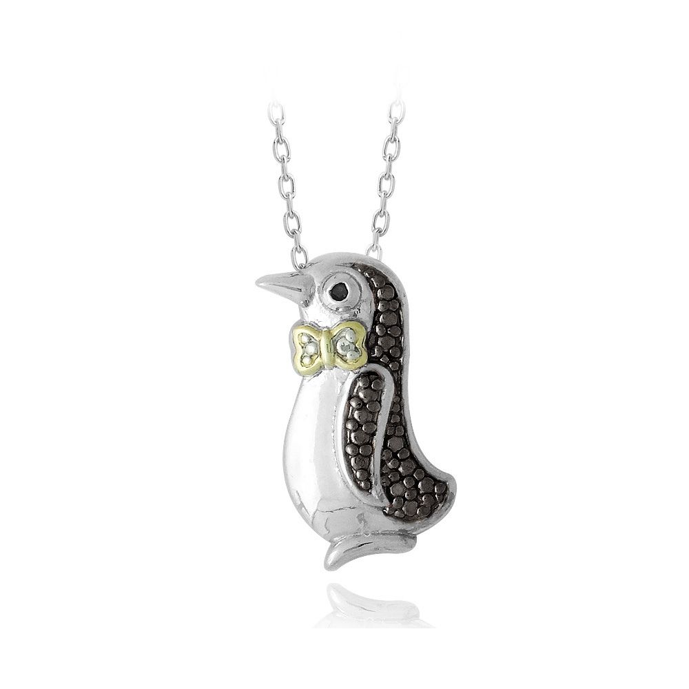 Silberton Zwei-Töne Schwarzer Diamant Akzent Pinguin Halskette