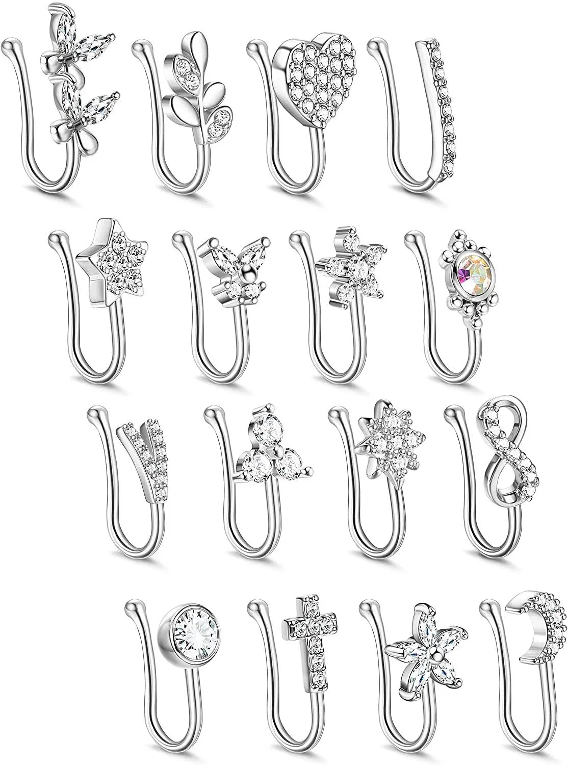 16pcs Falsche Nase Ring Schleife Nasen Manschette Faux Septum Nasen Ringe für Frauen Knorpel Tragus Falsche Piercing Nasen Ring Eingezogen CZ Clip auf Kreis Schleife Non-Piercing Schmuck