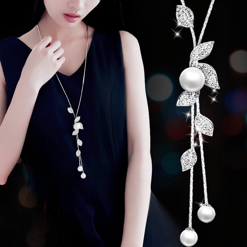Y-Shaped Charm Halskette Blatt-Form Rhinestones & Faux Perlen Anhänger Dangle lange Halskette einstellbare elegante Tassel Pullover Ketten Schmuck