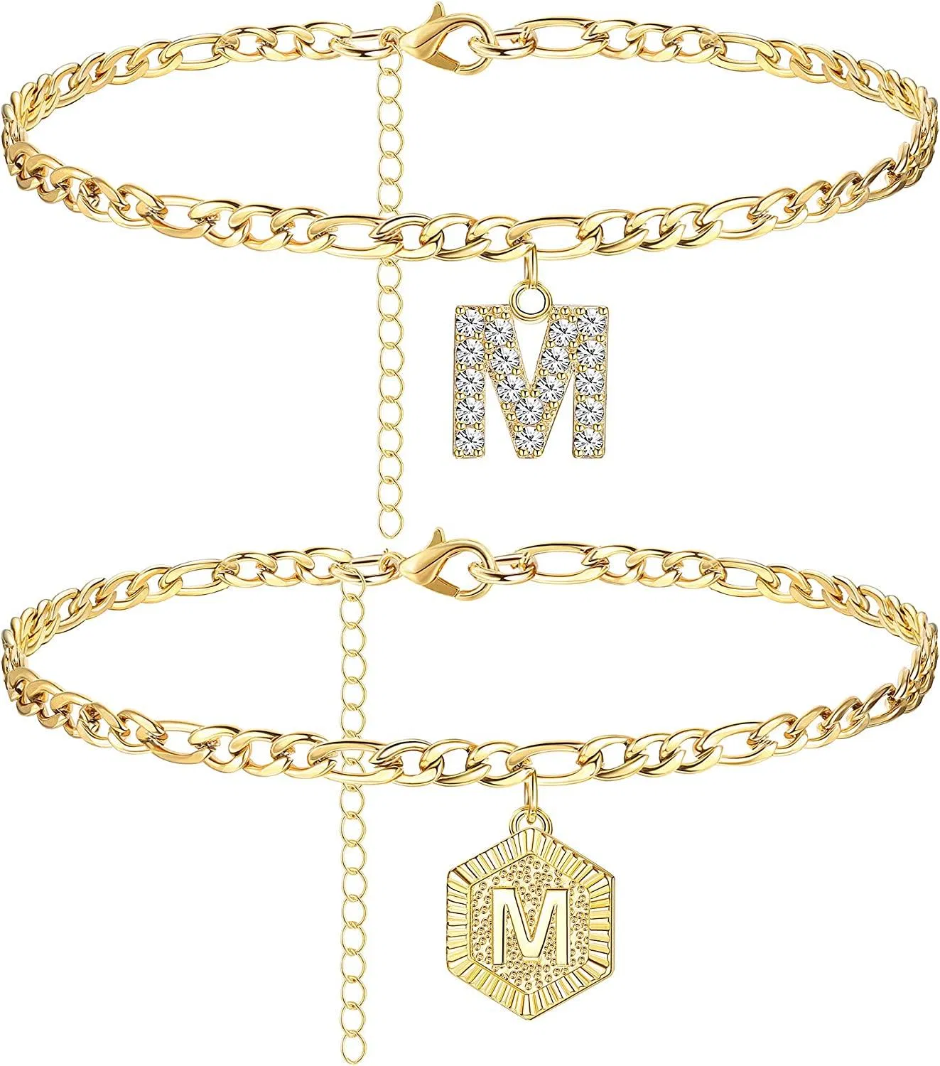 Anfängliche Knöchel-Armbänder für Frauen; Edelstahl-Schicht Figaro-Kettenbrief Anfängliche Knöchel-Armbänder mit Buchstaben-Alphabet für Frauen Mädchen (2Pcs)