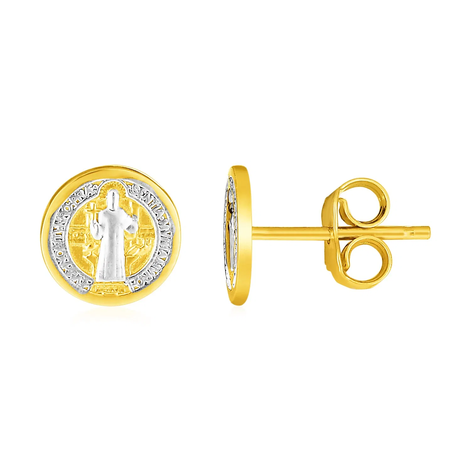 14 Karat Zwei-Ton - Gold Runde Religiöse Medaille Post Ohrringe (8mm)