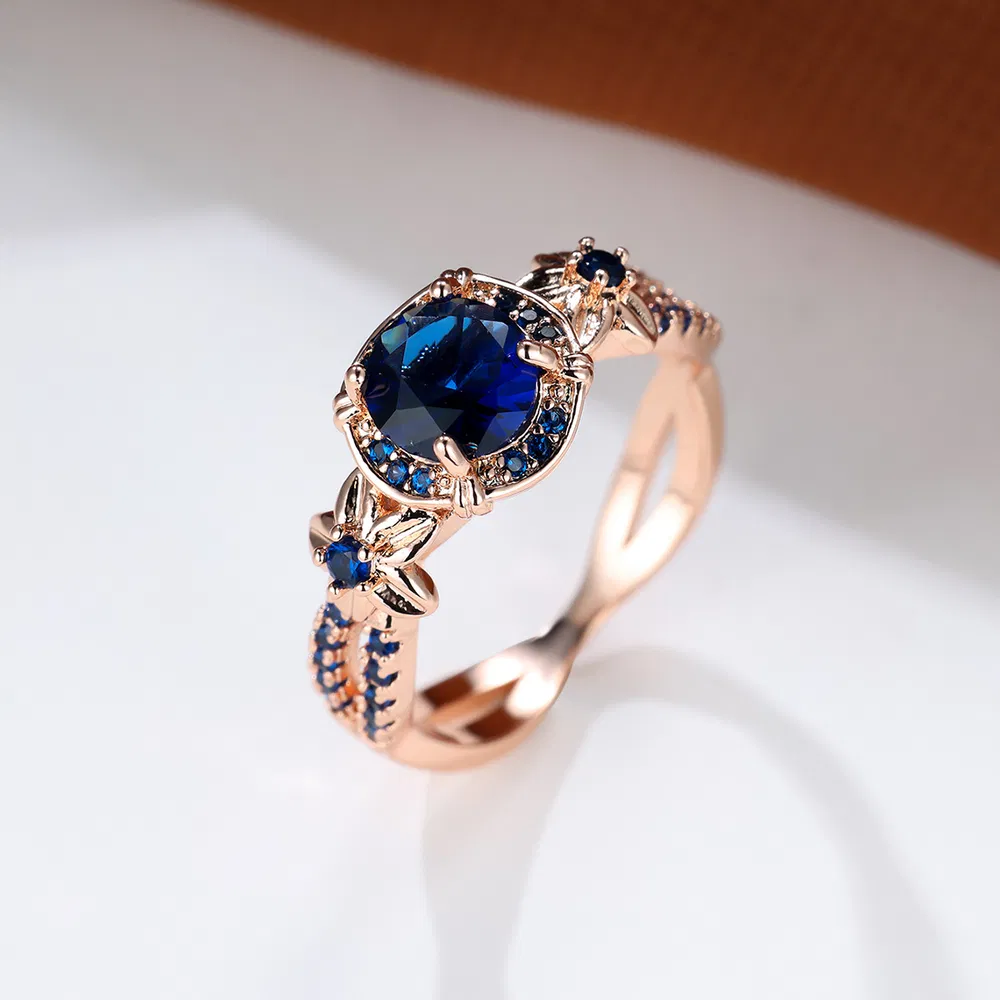 Retro einfacher September Geburtsstein Saphir blau rund Zirkon Fingerring Geschenk für Frauen Mädchen 18K Gold beschichteten Schmuck