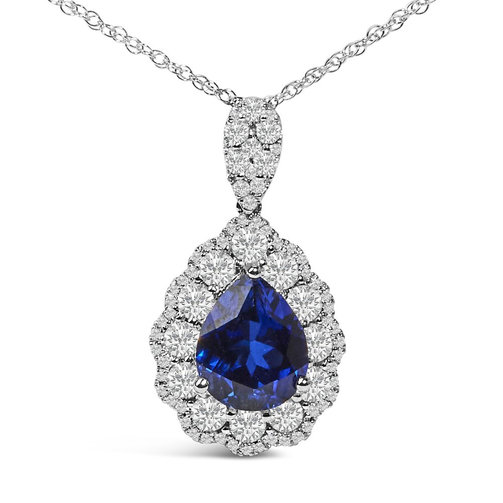 18K Weißgold Rekristallisiert 9x7 MM Birnenförmiger blauer Saphir und 2 4 / 5 Cttw Diamant Halo und Bail 18
