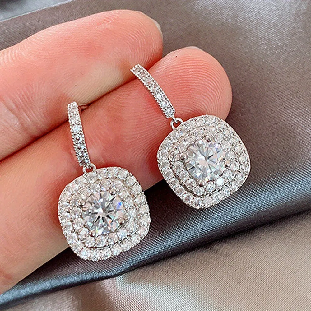 Square Full Shiny Zircon Design Dangle Ohrringe Retro Elegant Stil Silber Plated Schmuck Hochzeitsbanket Accessoires