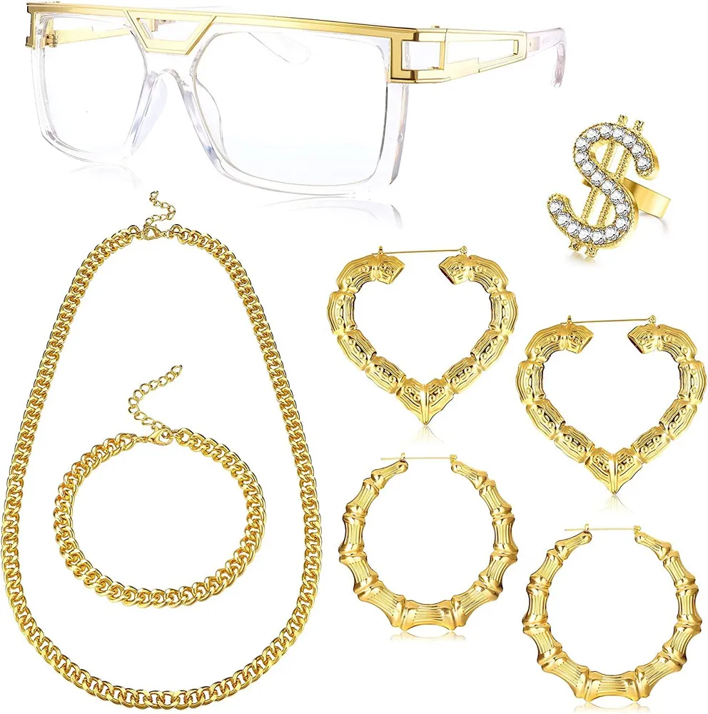 Frauen Hip Hop Kostüm Kit Gold beschichtete kubanische Kette Halskette / Armband DJ Rapper Brille große Hohl-Gieß Bambus Hoop Ohrringe Dollar Ring Punk Rapper Kostüm Schmuck