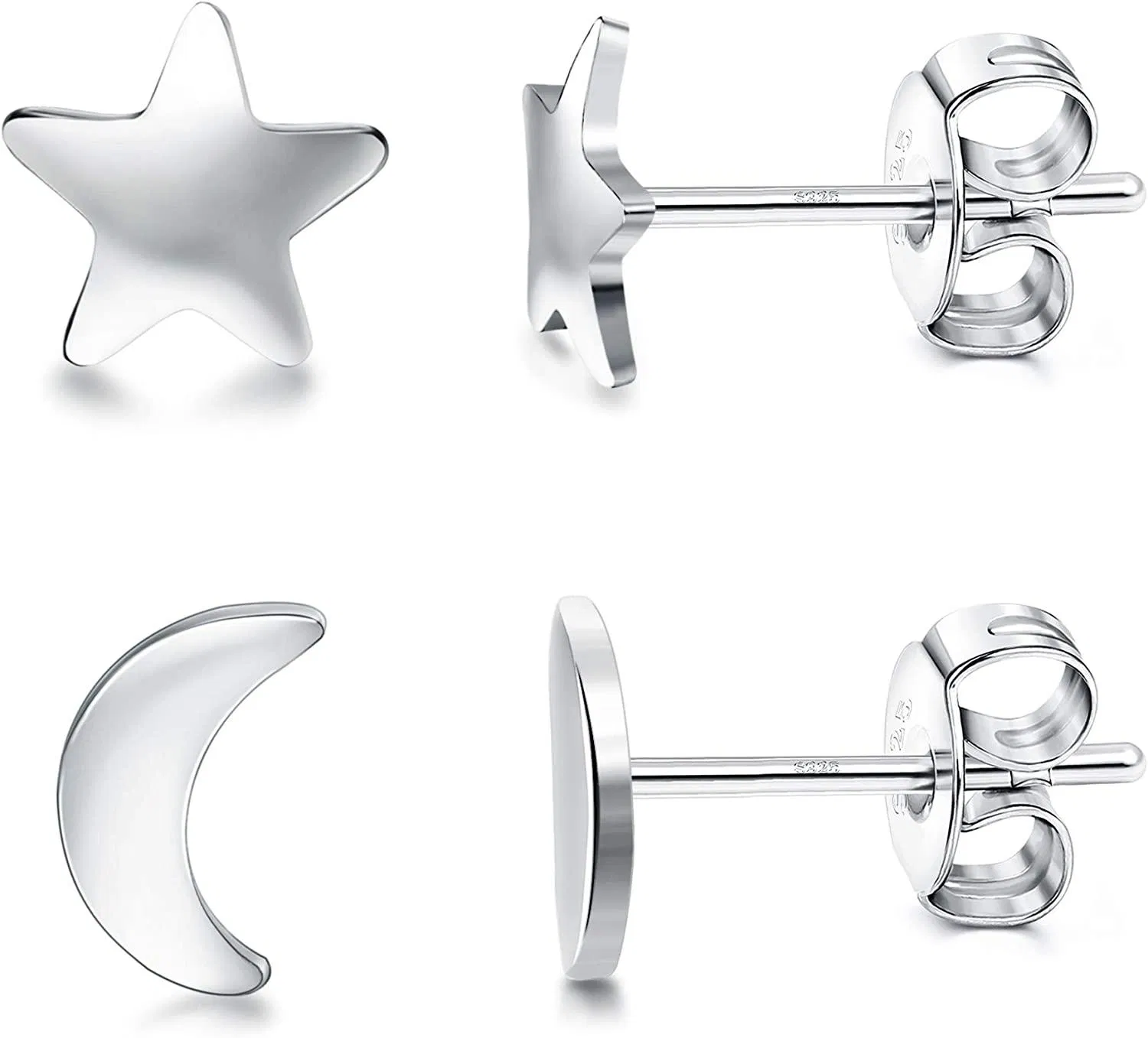 2 Paris 925 Sterling Silber Star Moon Stud Ohrringe für Frauen kleine Stud Ohrringe Set hypoallergen