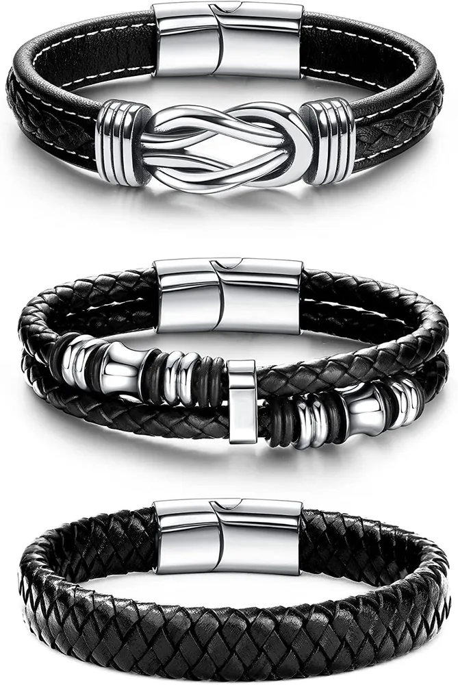 3pcs Mens Leder Armbänder mit Edelstahl Schwarz Braun Geflecht Wrap Armbänder Leder Handgelenk Manschetten Armbänder Magnetische Schließverschluss 7,5 - 8,5 Zoll