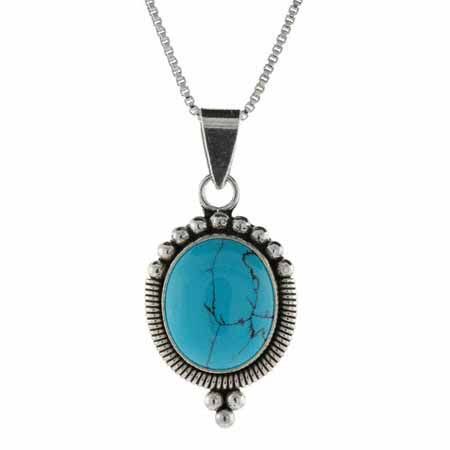 Sterling Silber Reconstituted Blue Turquoise Stone Bali Beaded Oval Pendant