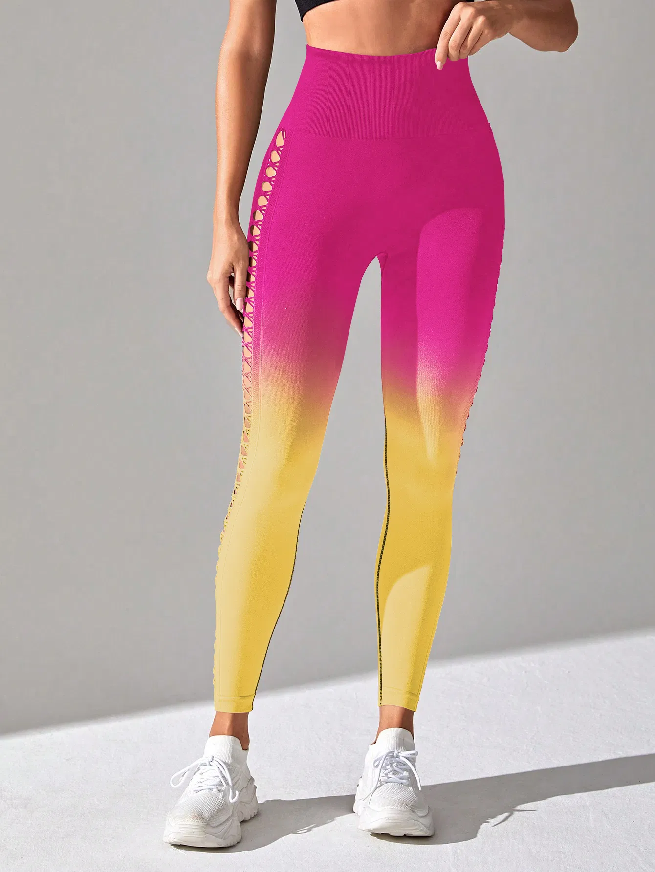 Damen High-Waisted Gradient Yoga Hosen, Cutout Leggings, Booty Lifting, Athletic Long Strumpfhosen für Fitness Workout, atmungsaktive Sportbekleidung