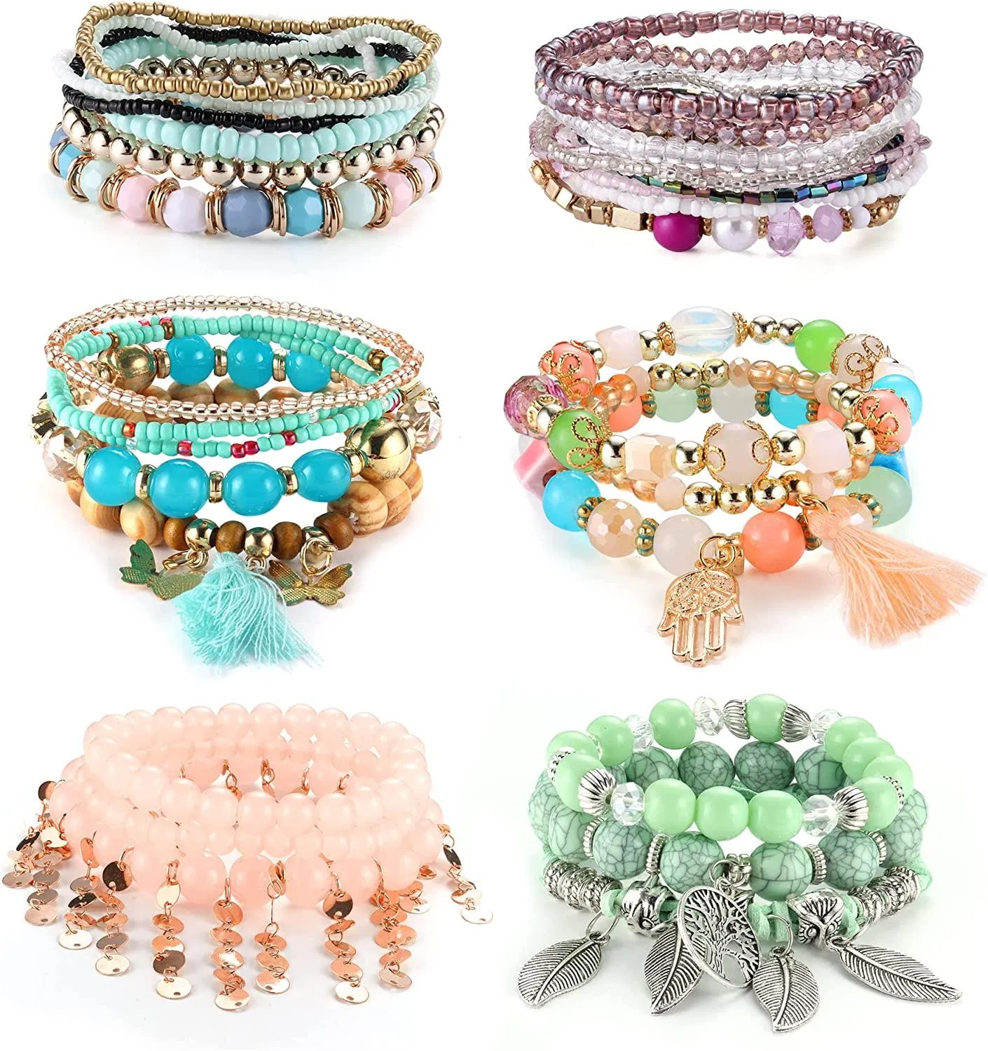 6 Sets Bohemian Beaded Armbänder für Frauen Stackable Armbänder Aesthetic Evil Eye Tassel Armband Boho Charms Stretch Multilayer Colorful Beads Armband Pack
