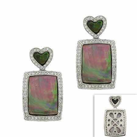 Sterling Silber .925 Echt Grau Mutter der Perle MOP Stein Inlay Herz Blumen Filigree Simuliert Diamant cz Pflaster Dangle Rechteck Ohrringe