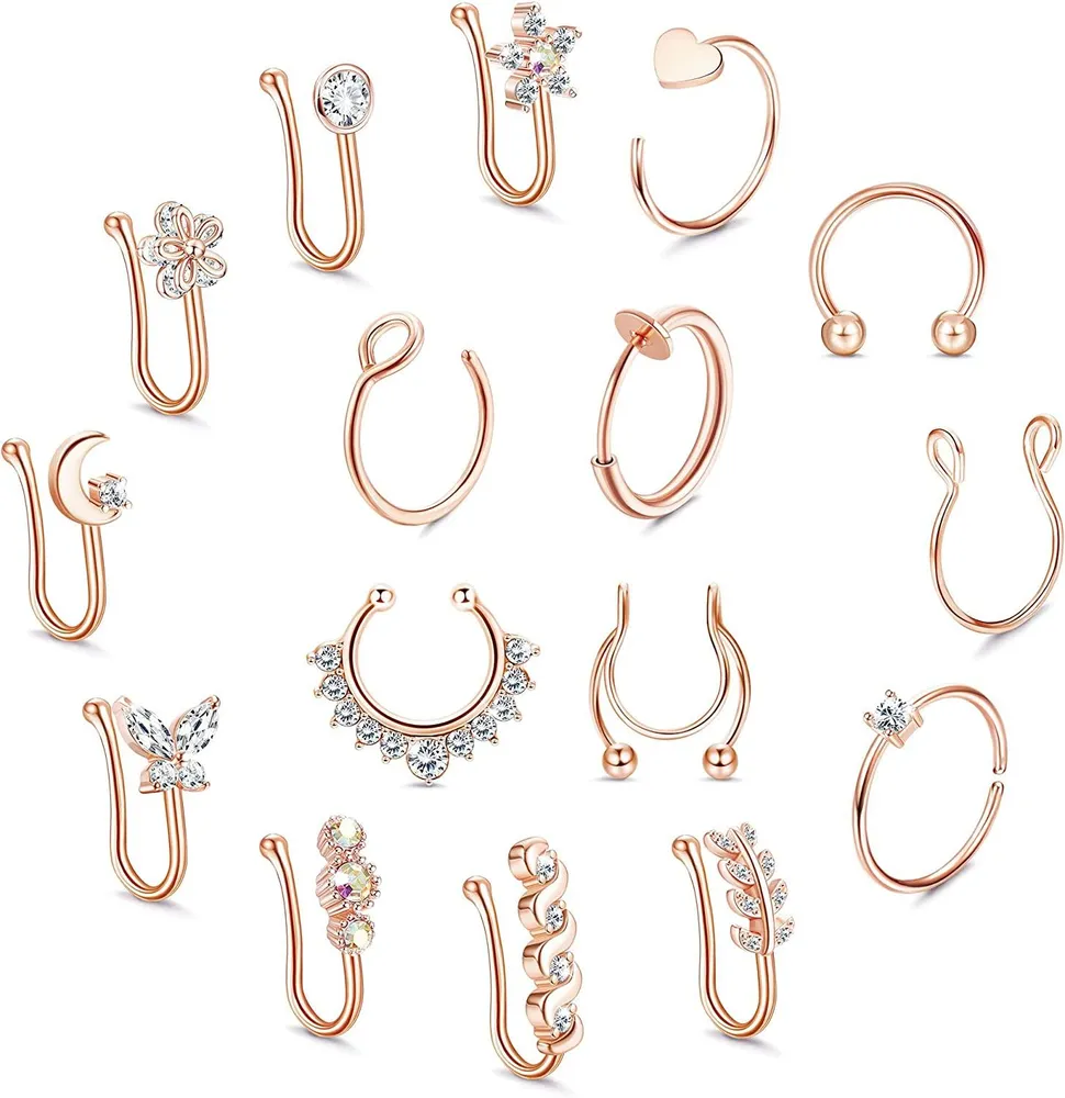 Falsche Nase Ringe 16Pcs Edelstahl Faux Piercing 14K Gold Plated Nasen Manschette nicht piercing Lippen Septum Ringe Falsche Clip auf Nasen Ringe für Frauen Männer