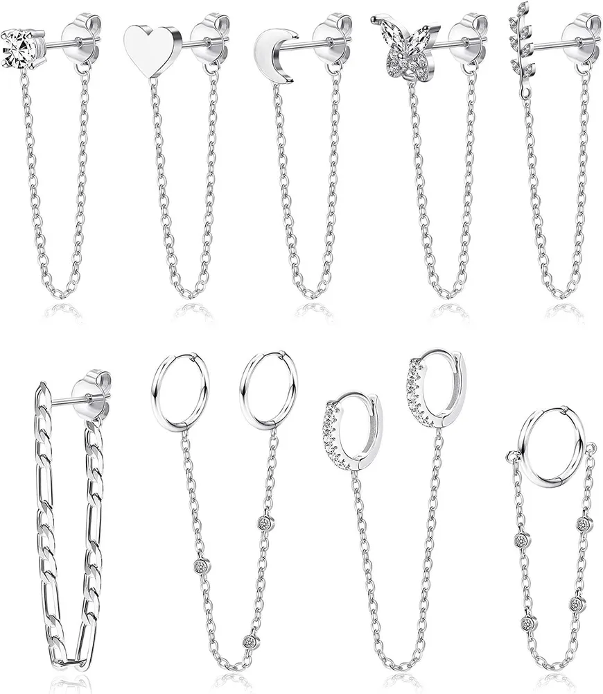 9pcs Kette Ohrringe für Frauen Kette Stud Ohrringe Kette Hoop Ohrringe CZ Dangle Ohrringe Doppel Huggie Hoop Ketten Ohrringe Piercing Schmuck