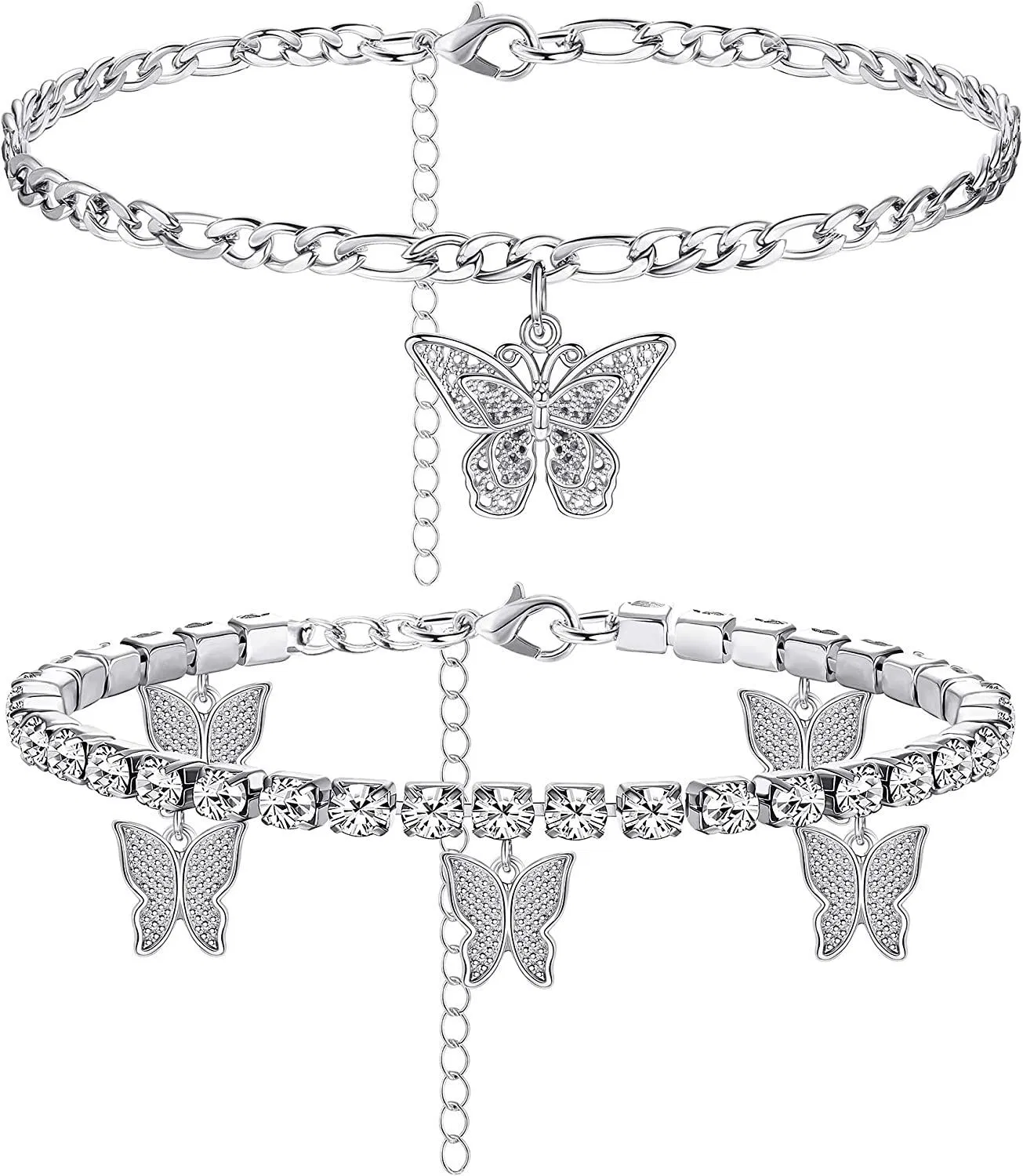 Schmetterling Knöchel Armbänder für Frauen Boho Strand Charms Rhinestone Tennis Ankleber Edelstahlschicht verstellbare Kette Ankleber Fuß 2 - 3pcs