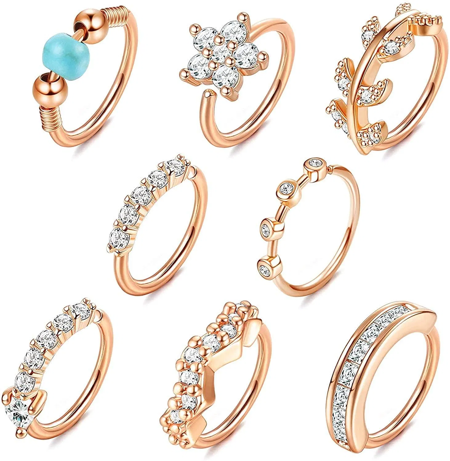 8 Stück 20G Nasenring-Schleife für Frauen Edelsteinpflastert CZ Crawler Hoop Ohrringe Blattblumen Lippenhelix Knorpel Ohrringe Nasen Piercing Hoop 8mm
