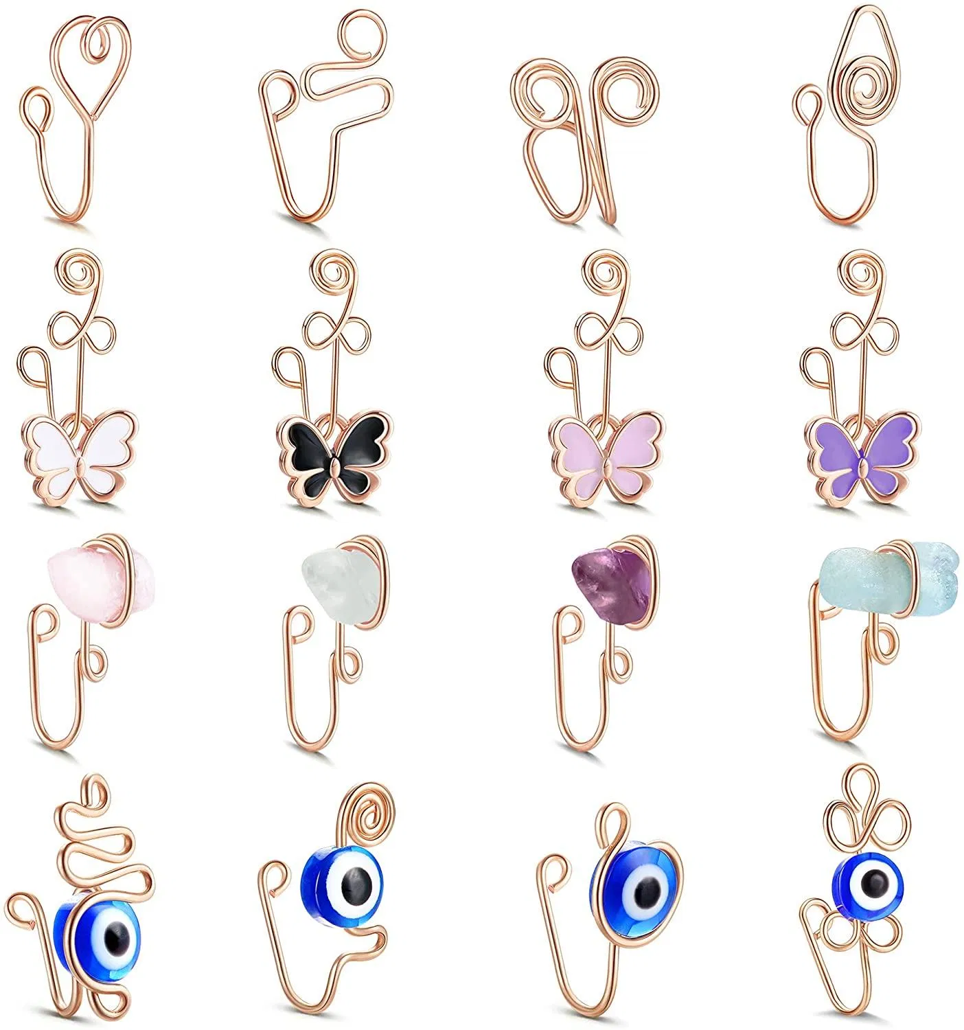 16Pcs Afrikanische Nasen Manschette Nicht Piercing Fake Nasen Ring für Frauen 14k Gold Plated Clip auf Nasen Ring Faux Nasen Ringe Evil Eye Crystal Butterfly Nasen Manschette Fake Piercings
