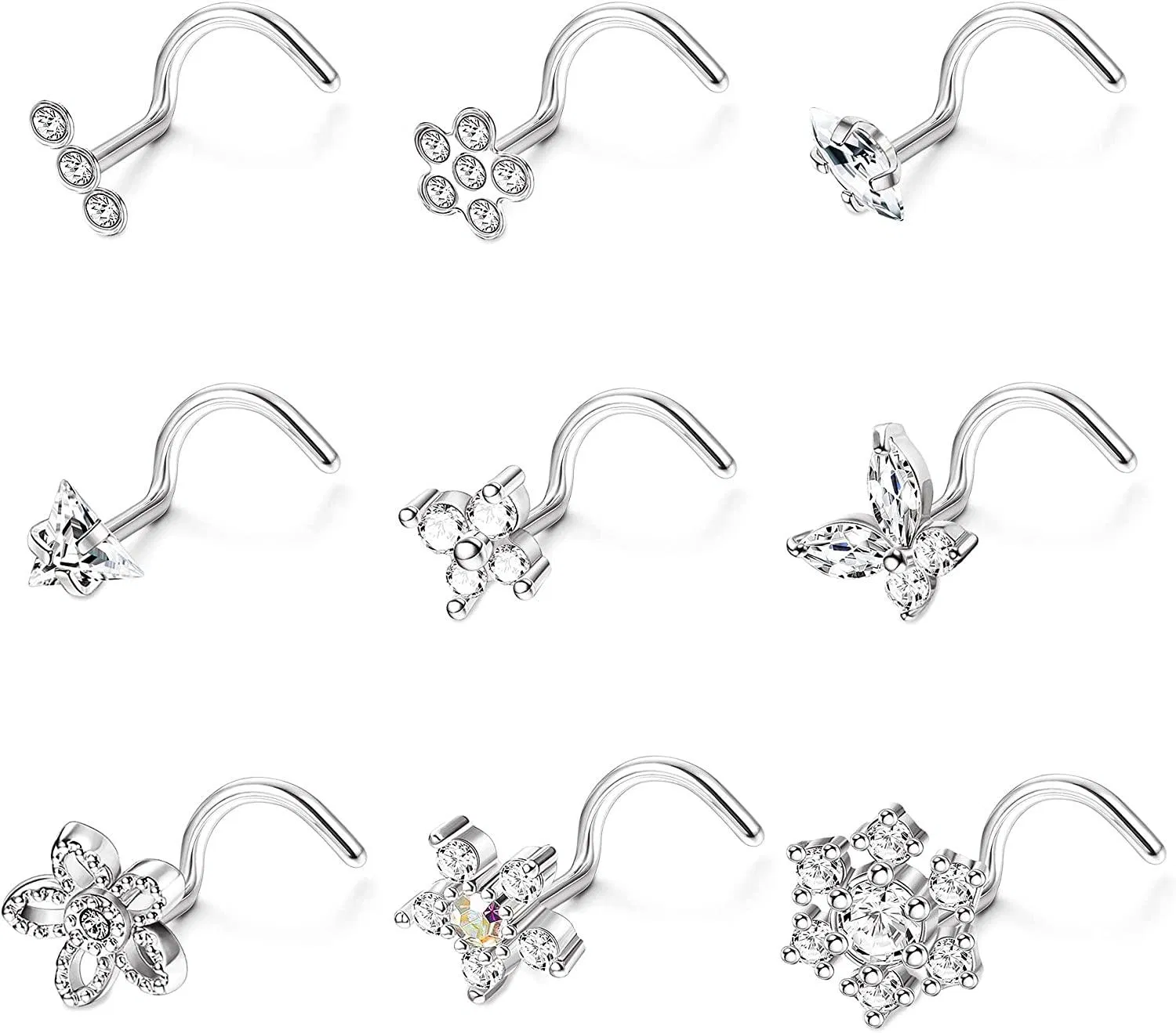 9pcs 20G Nasenringe Studs mit Big Bling CZ Schneeflocken Stern Top chirurgische L-förmige Nasen Studs Triple Linear Juwel Ball Round Diamond CZ Nasen Piercing 7mm