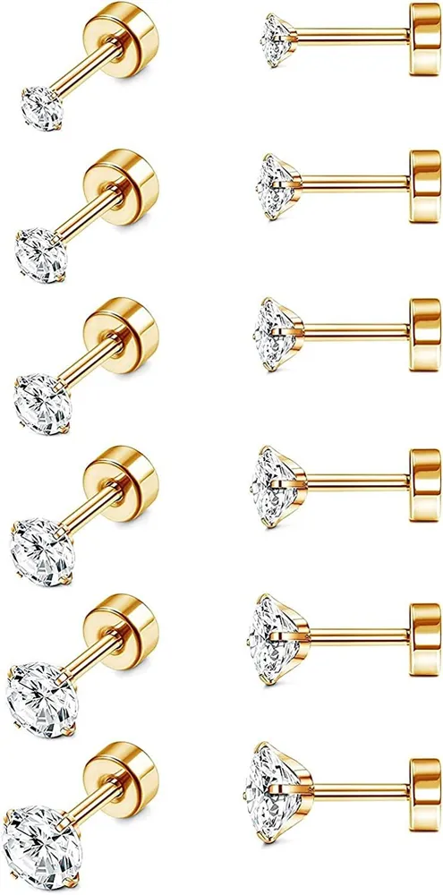 6 Paare 18G hypoallergene Ohrringe Edelstahl für Frauen Männer Knorpel Helix Ohrringe Set Round Cubic Zirkonia Titan Ohrringe Screwback Flat Ball Back Stud Ohr Piercing