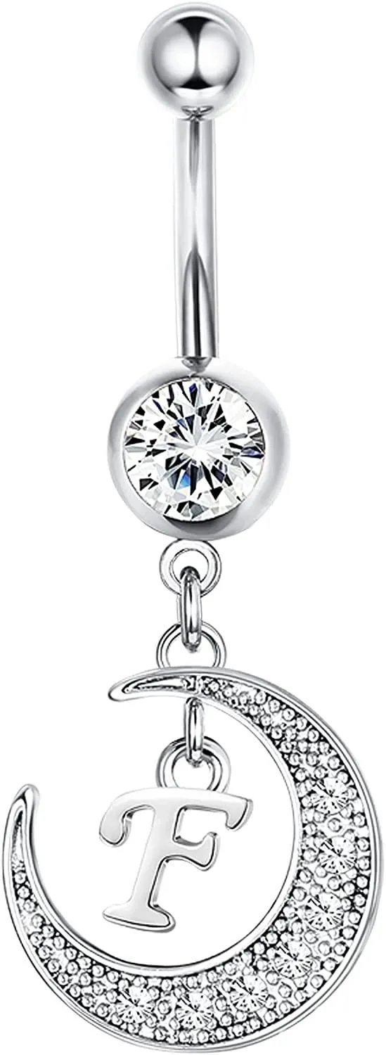 14G Bauchknopf Ringe Dangle mit Initialen für Frauen Dangle Nabel Ringe 316L Chirurgische gebogene Nabel Barbell Dangle Belly Piercing Schmuckbuchstaben K