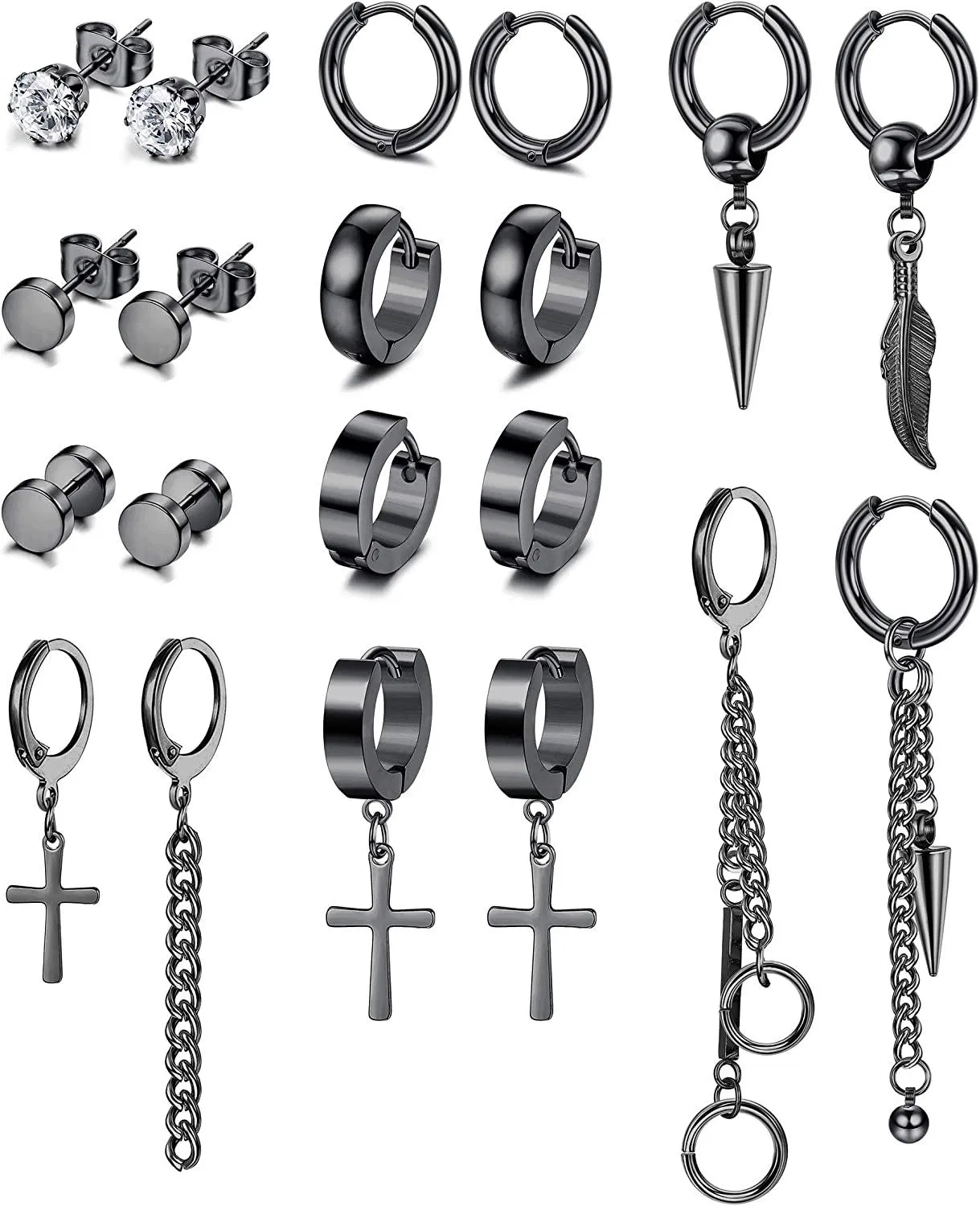 10 Paare Edelstahl Dangle Ohrringe für Männer Frauen Cool CZ Stud Hingeed Hoop Cross Feather Chain Drop Ohrring Set