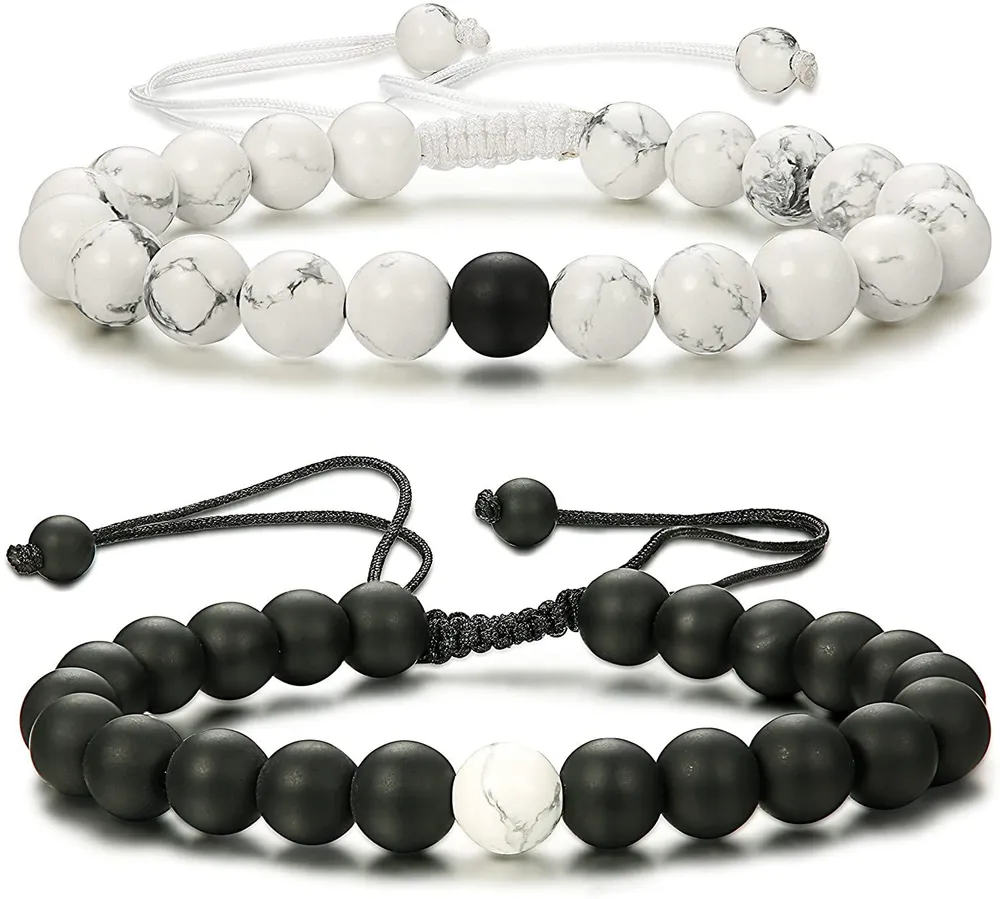2 Pcs Entfernung Armbänder Seine und ihre Beziehung Paar Armband Onyx / Weißstein Geflecht Seil