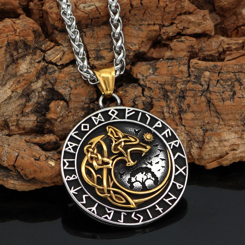 Viking Wolf Kopf Rune Anhänger Halskette Trendy Männer Long