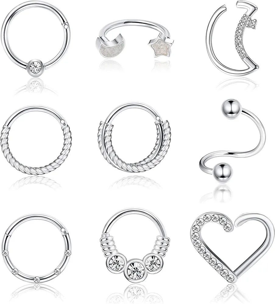 Edelstahl 16G 18G Knorpel Daith Helix Ohrringe für Frauen Hoop Nose Ringe CZ Mond Stern Herz Hosrschiere Knorpel Tragus Rook Piercing 8mm