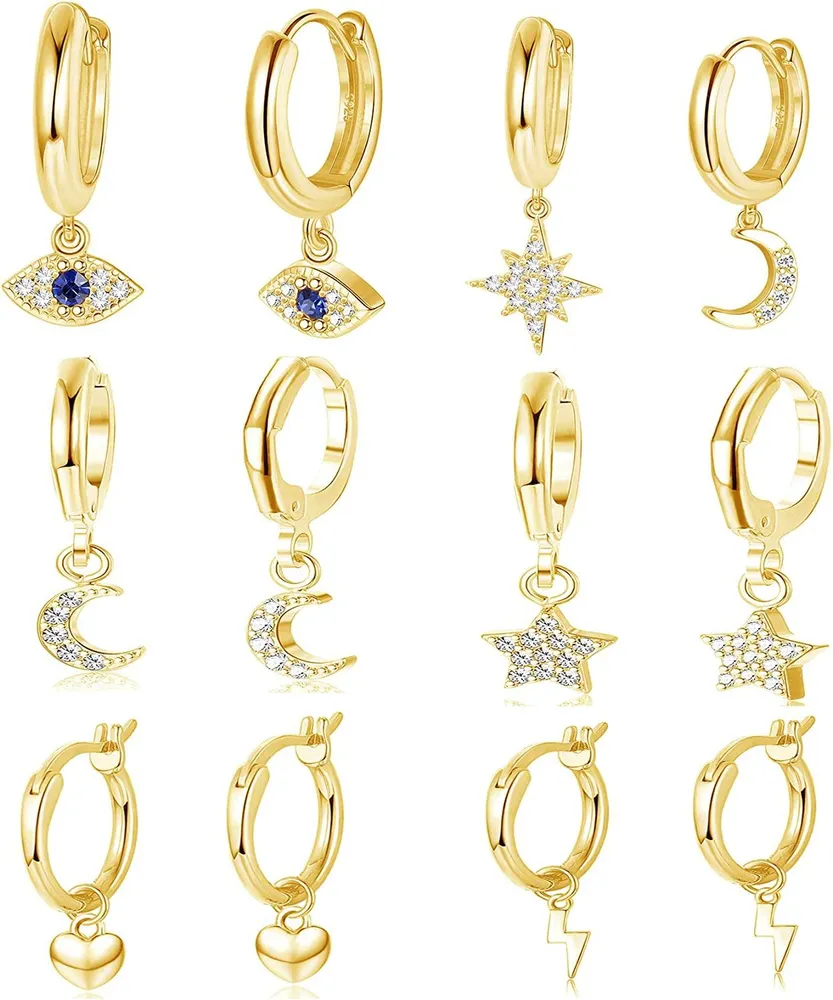6 Paare Huggie Hoop Ohrringe für Frauen Herz CZ Stern Mond böse Augen Dangle Hoop süße Drop Ohrringe Set