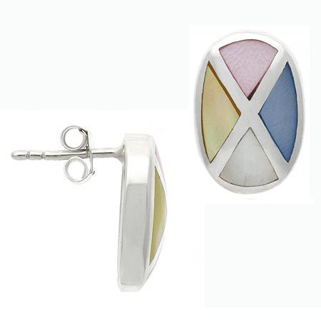Sterling Silber Weiß, Pink, Blau und Gelb Shell Inlay Mosaik Ohrringe