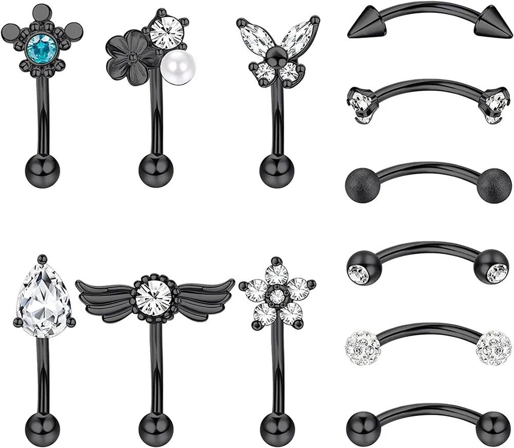 12Pcs 16G Rook Piercing Augenbrauenringe für Frauen Männer Edelstahl Bauch Lippenring CZ Knorpel Tragus Piercing Kurven Barbell Rook Daith Ohrringe für Frauen 6mm