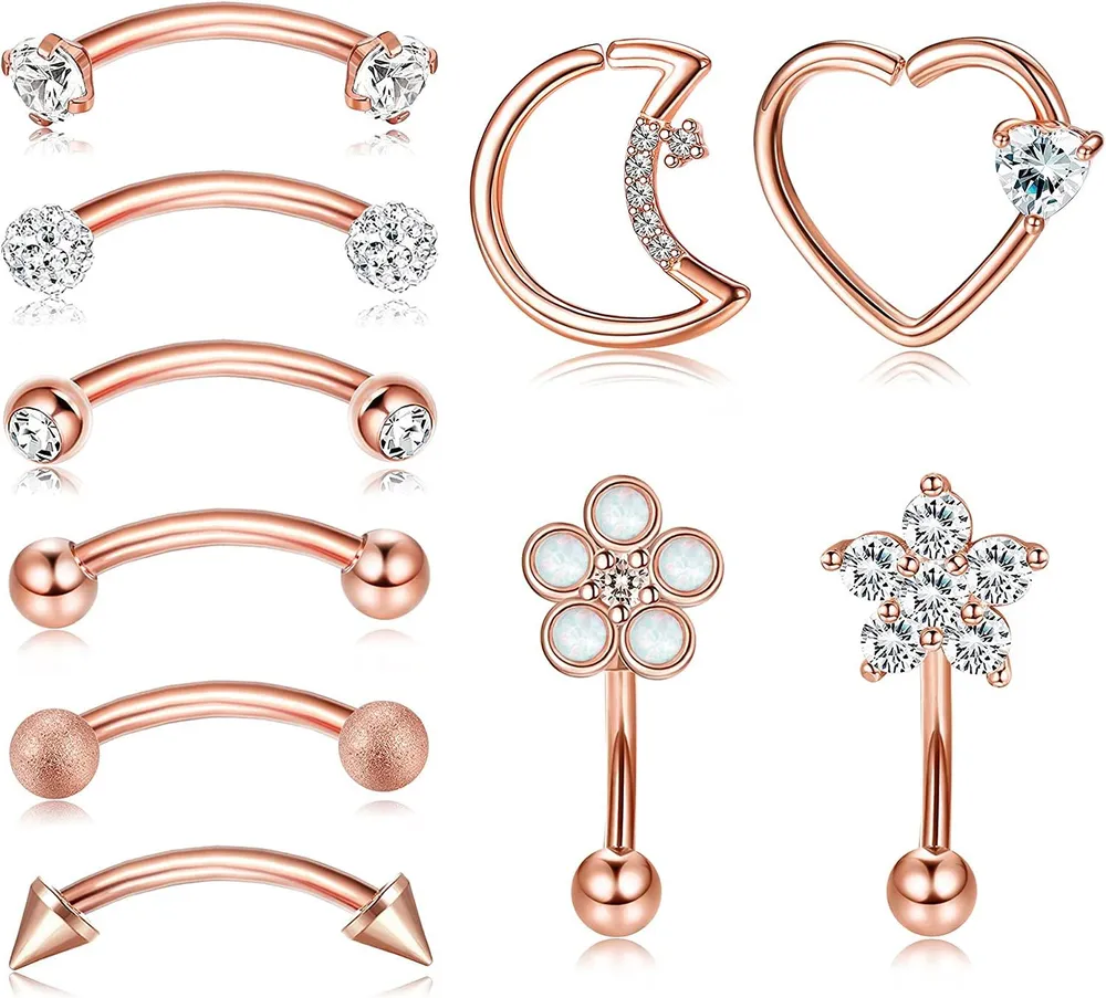 10pcs 16G Rook Curved Barbell Augenbrauenringe für Frauen Männer 316L chirurgische Bauch Lippenring Opal CZ Herz Daith Knorpel Ohrringe Anti Tragus Forward Helix Body Piercing 6MM 8MM