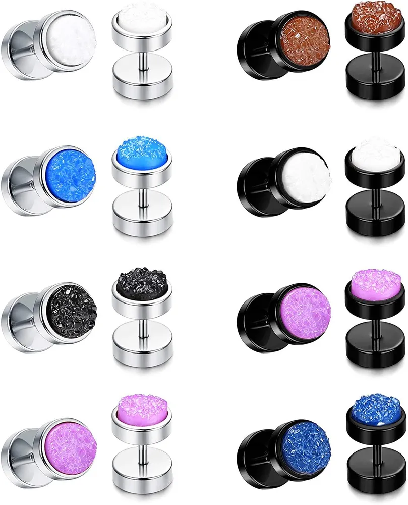 8 Paare Edelstein Kreis Flat Illusion Tunnel Dumbbell Ohrringe für Männer Frauen Dot Studs Ohrringe Cheater Ohrringe Stecker Gauge Punk Style