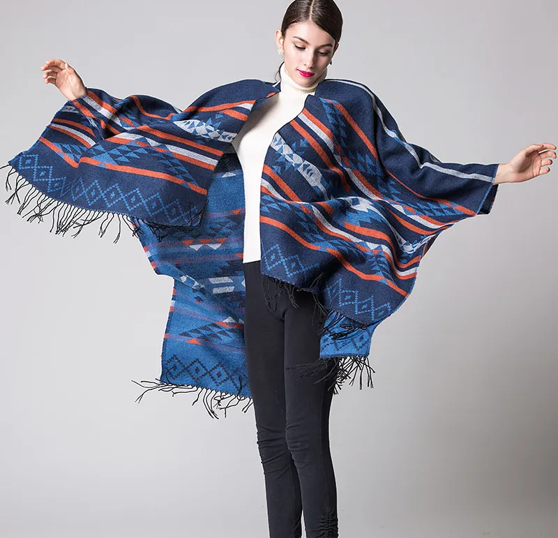 Geometrische Rhombus Fringed Europa und die Vereinigten Staaten verlängert und verdickt Imitation Kaschmir Herbst und Winter Ethnischer Stil Reise Split Schal Mantel