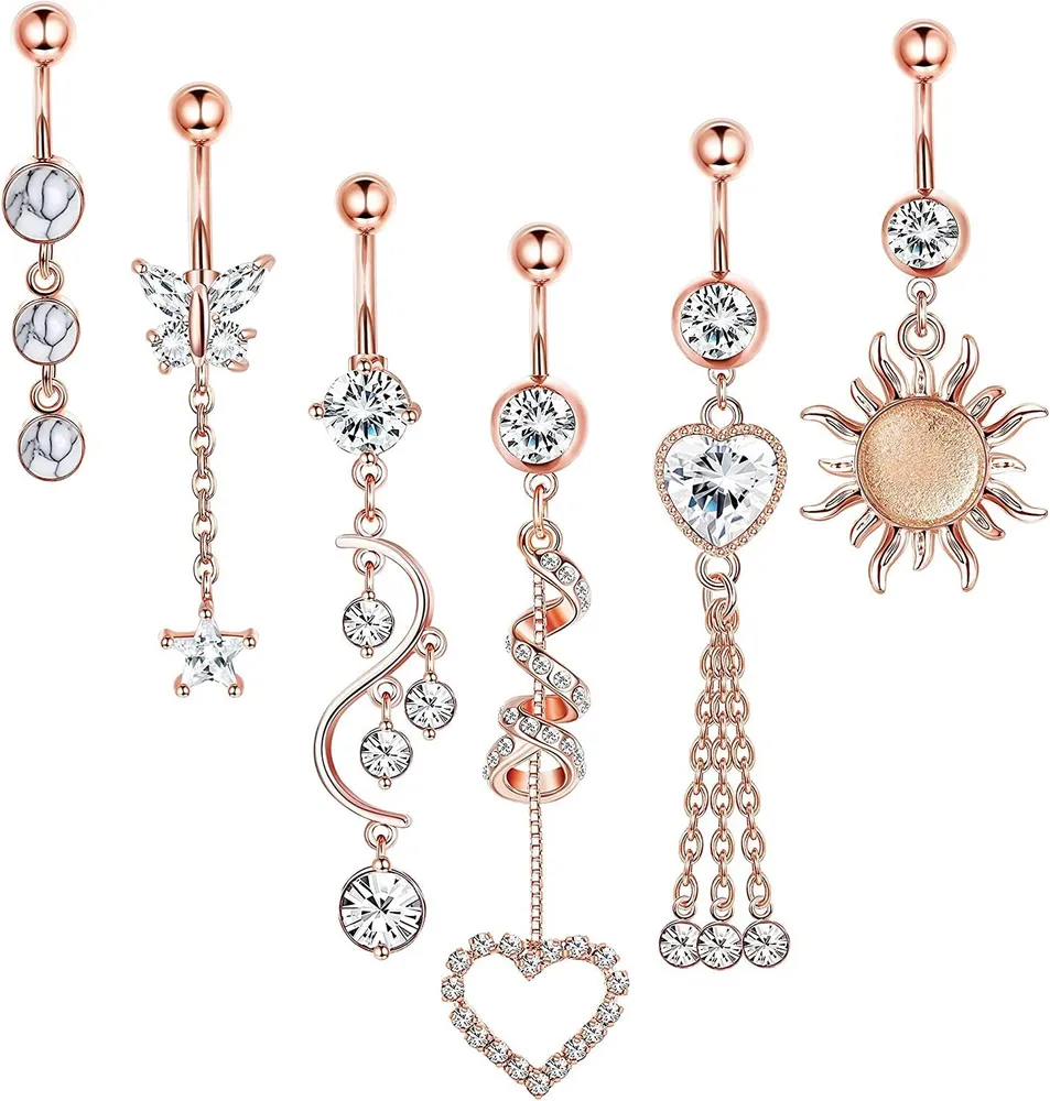 14G Dangle Bauchnabel Ringe Chirurgische Bauchringe für Frauen Nabel Piercing Dangly Bauchnabel Ring Silber Rose Gold Bauch Ring Pack Herz Hanging Bauch Piercing 10mm