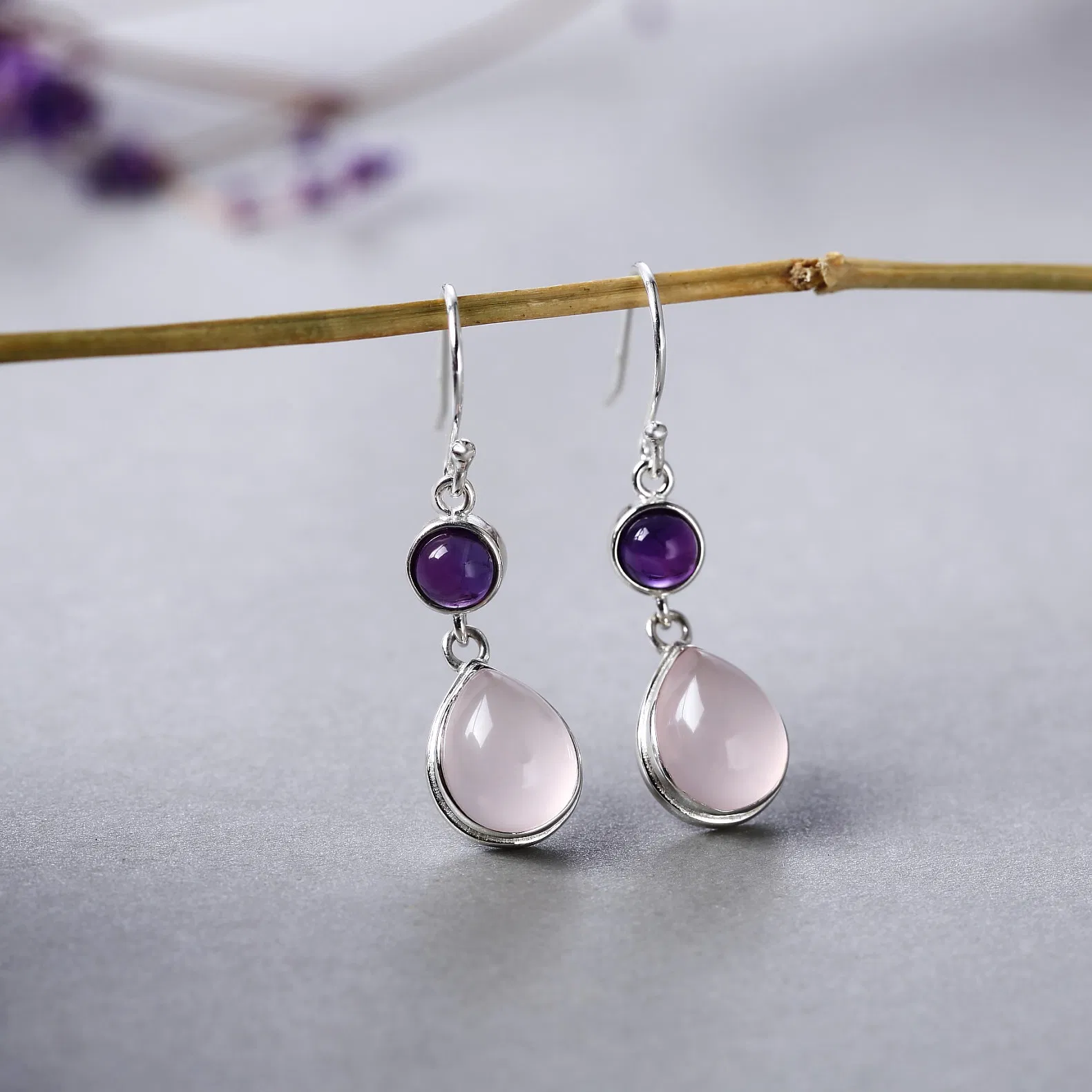 S925 Silber eingelegt Pink Crystal Ohrringe Wassertropfen Hibiscus Stein Thai Silber Crystal Ohrringe Weiblich