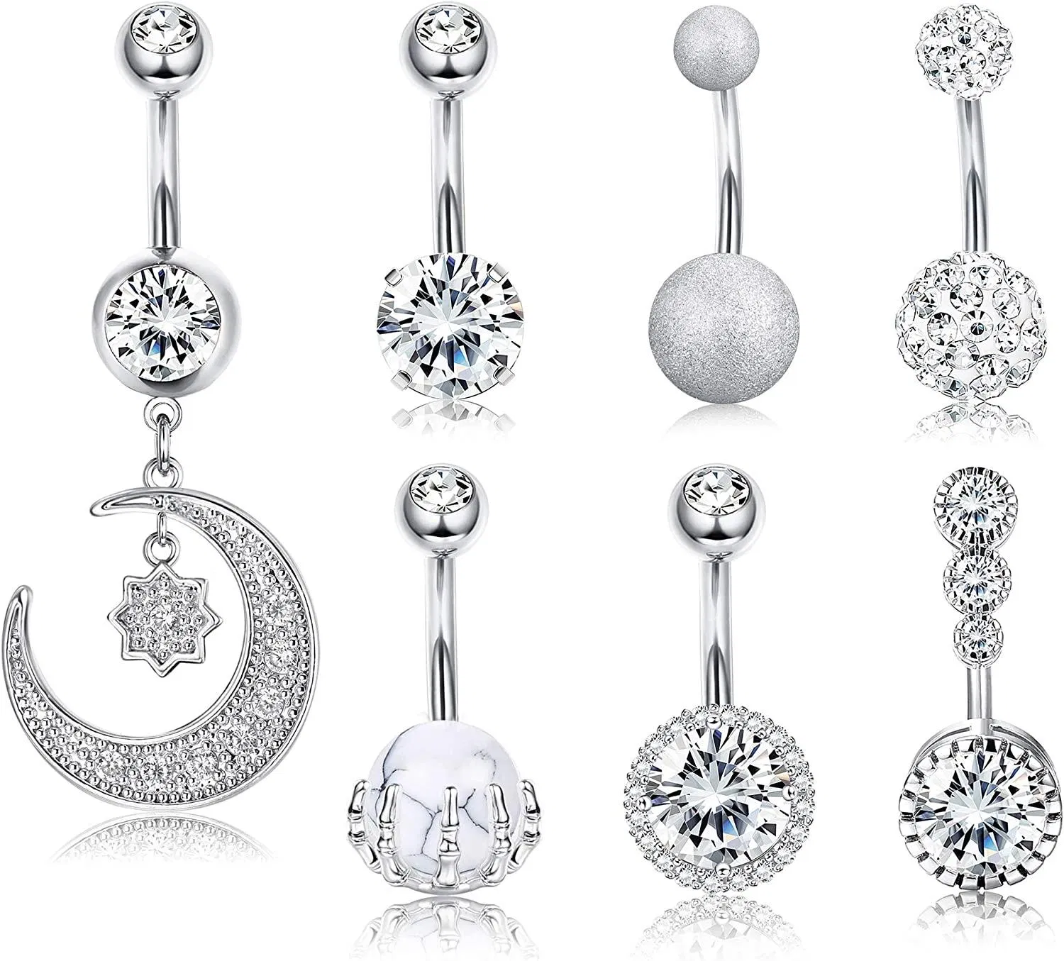 7pcs 14G Edelstahl Bauchknopfringe 316L Dangle Bauchringe CZ Umgekehrter Nabelringe Kurven Barbell Bauch Piercing Körper für Frauen 10mm