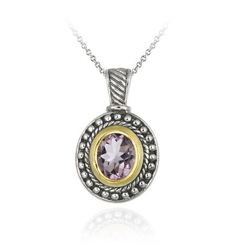 Sterling Silber Zwei-Tone Designer Inspired Amethyst Oval Anhänger w / Beaded Border