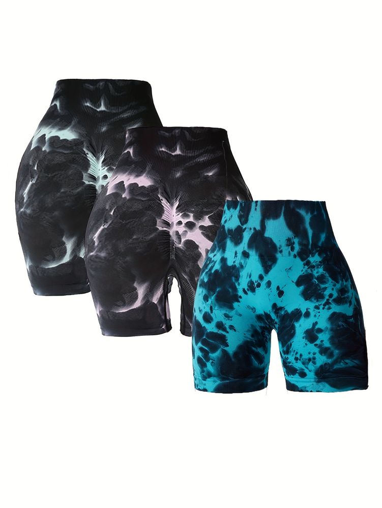 3 Pack Tie-Dye High-Waisted Butt-Lifting Damen Sports Yoga Shorts, Damen Butt Lifting Shorts High Waist Tummy Control Yoga Shorts Nahtlos Ruched Booty Workout Short Leggings