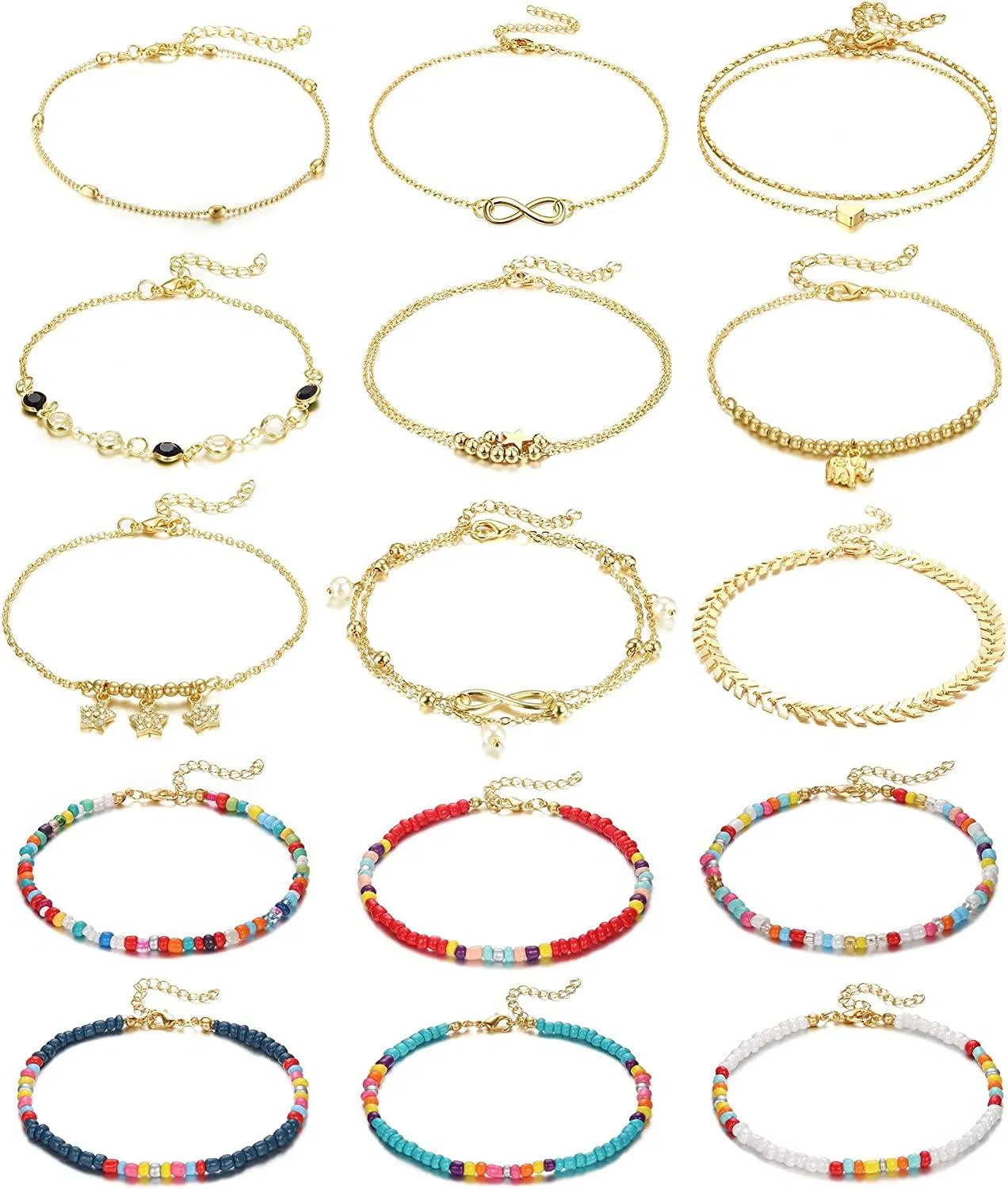 16Pcs 14K Gold Plated Cute Ankleber Armbänder Für Frauen Handgemachte Perlen Ankleber Adjustable Herzen Elephant Layered Ankleber Set Hypoallergen Gold Beach Foot Jewelry (8.6in-9.6in)