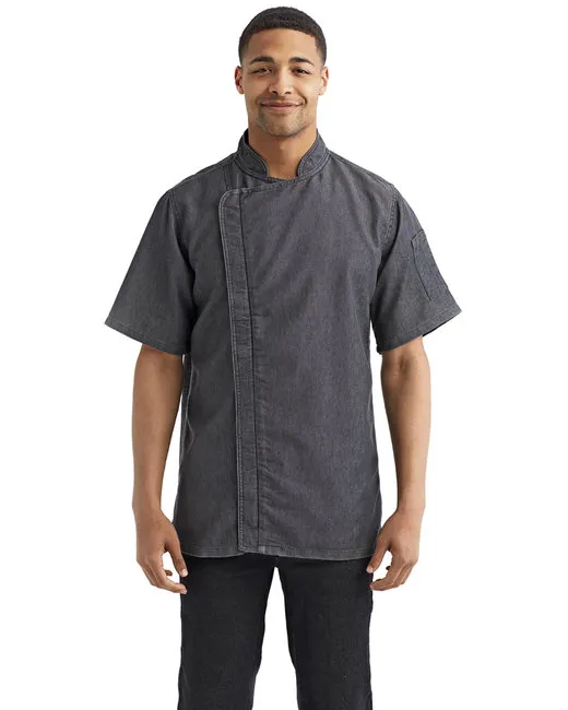 Unisex Zip-Close Short Sleeve Chef 's Coat - BLACK DENIM - XS