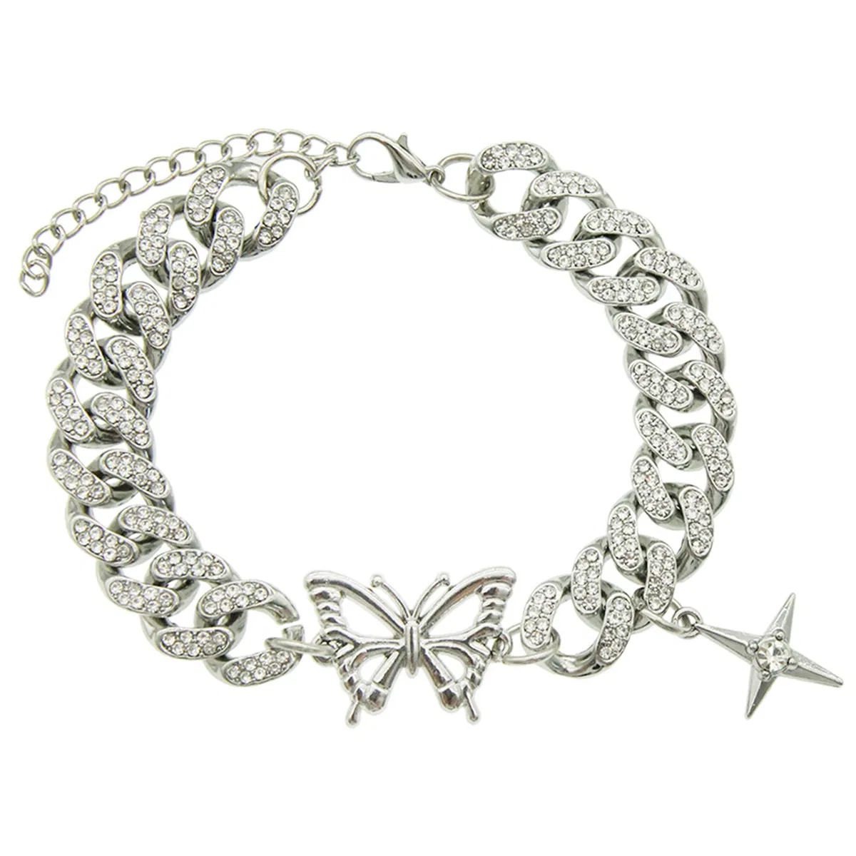 Glanzende Rhinestone Schmetterling Hip Hop Kuban Link Kette Armband für Frauen Männer Party Rave Armband Schmuck