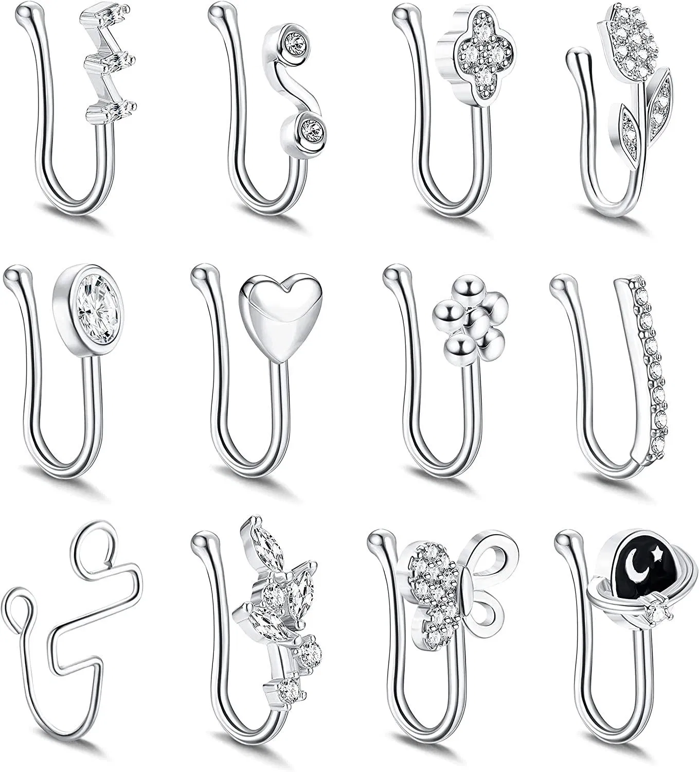 12pcs Falsche Nase Ring Schleife; Nasen Manschette für nicht durchdrungen für Frauen Männer; Afrikanische Nasen Manschette Faux Septum Nasen Piercing CZ-Schleife Ringe Clip On