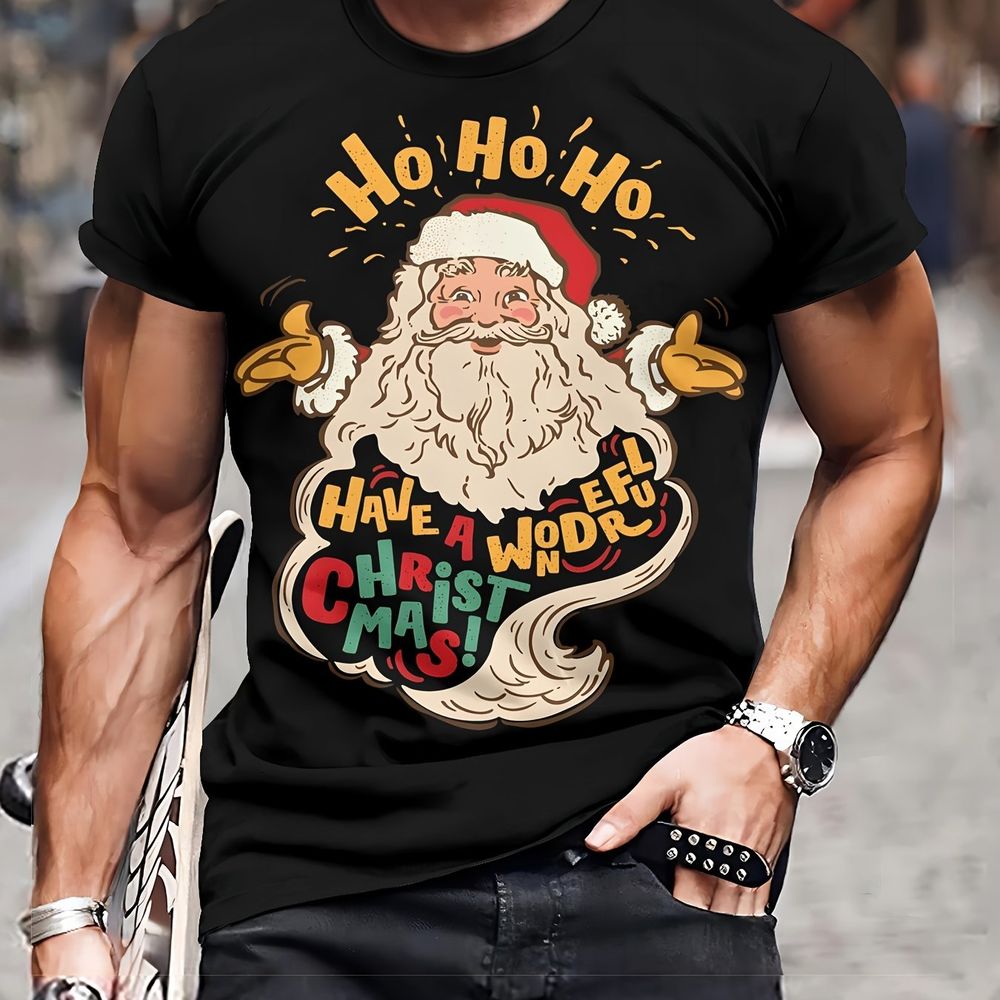 Männer Casual 3D Santa Claus gedruckte T-Shirt - Hergestellt aus Polyester gestrickten Stoff, runden Hals, angelegten Stil und innovativen festlichen Weihnachtskleidung