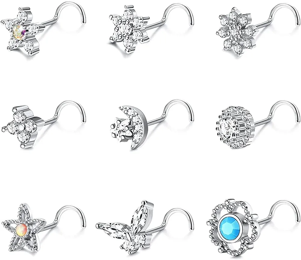 9pcs 20G Nasenringe Studs für Frauen Edelstahl Nasenringe L-förmige Nasen Studs Schraube Nasenringe CZ Schmetterling Mond Stern Blume Nasen Piercing Ring
